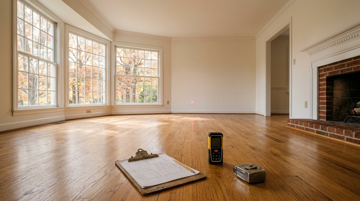 Concept image: an empty, sunlit living room of a 1980s colonial with a laser measure, a tape measure and a floor sketch on the hardwood floor