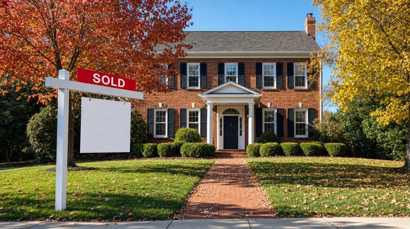 Concept image: a SOLD sign on the lawn of a red-brick colonial with a white portico, with fall maples and boxwoods