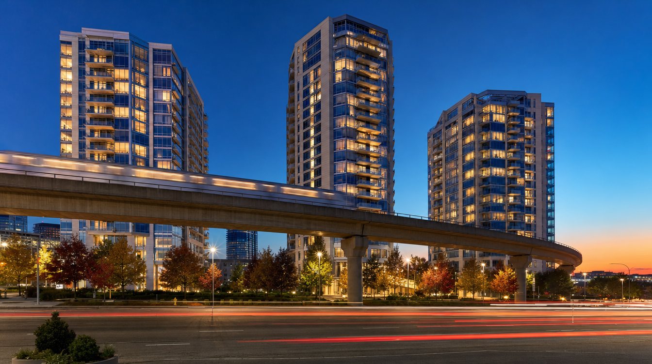 Concept image: Tysons condominium towers at dusk behind the elevated Metro line, with a train passing and light trails on the boulevard