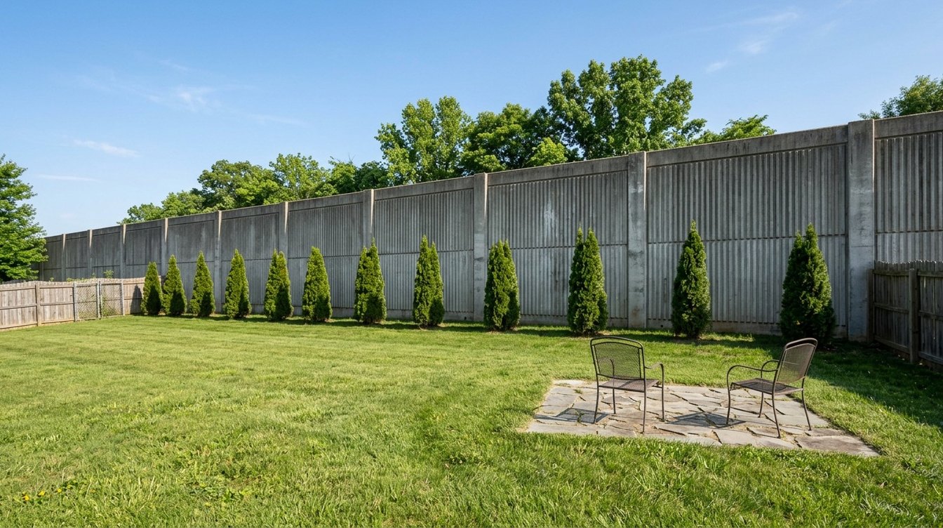 A backyard lawn with two chairs on a small stone patio, a single row of arborvitae planted in front of a tall gray concrete highway sound wall, under a clear blue sky
