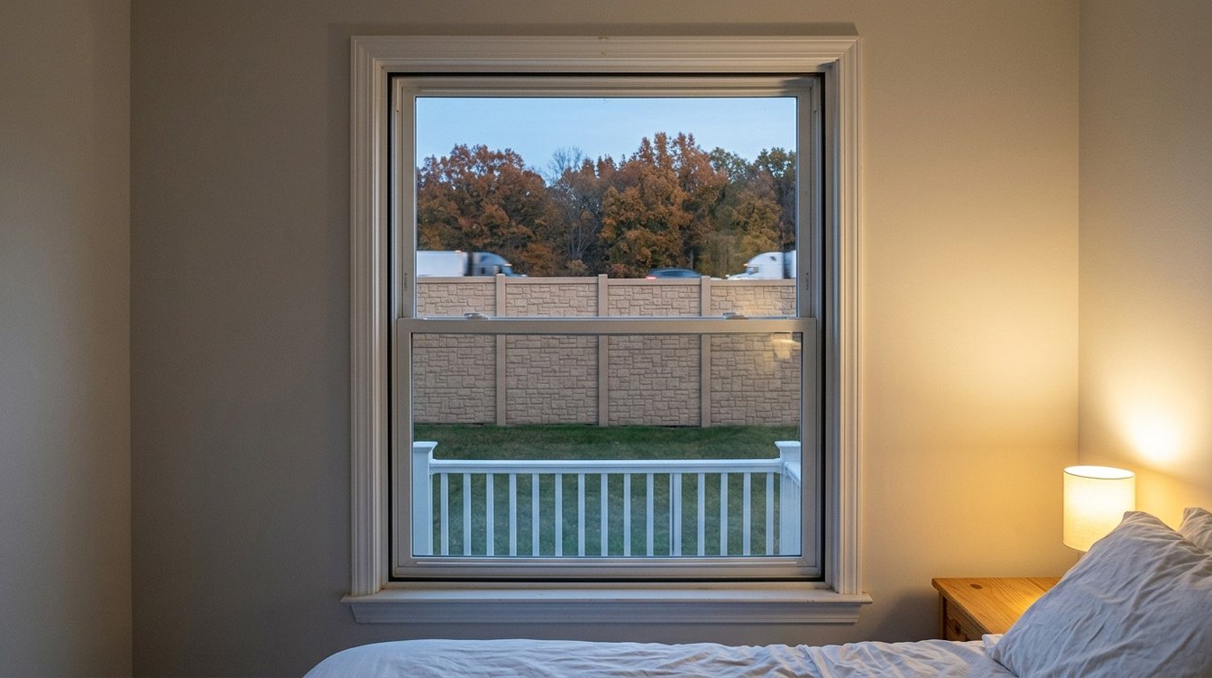 A bedroom window at dusk looking out over a small deck rail and lawn to a tall tan stone-pattern highway sound wall, with truck tops and fall trees just above it