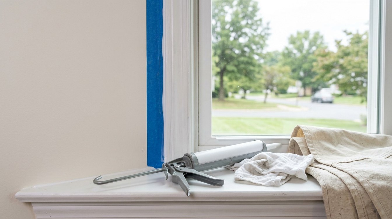 A caulk gun, a rag and a drop cloth on a white window sill beside fresh caulk along the window trim, with blue painter&rsquo;s tape on the wall
