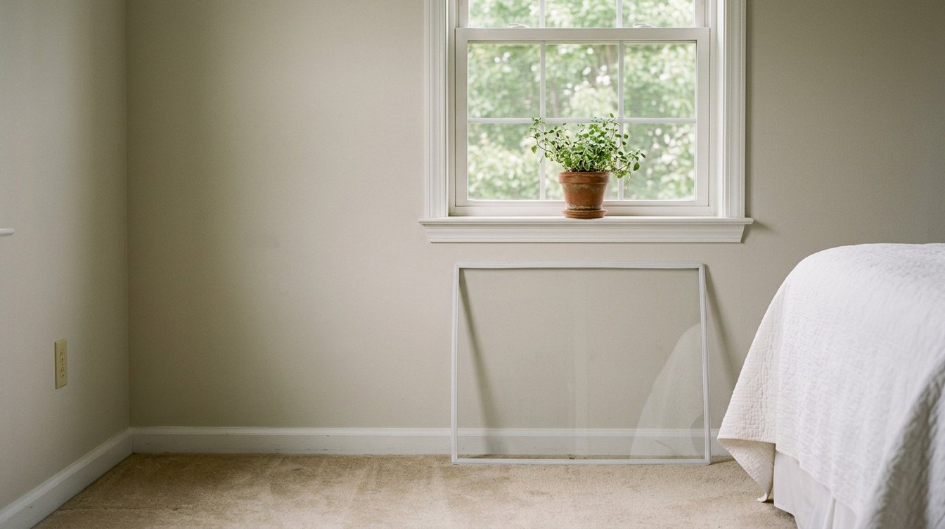 A clear interior window insert panel with a thin white gasket edge leaning against a bedroom wall below a white double-hung window with a potted plant on the sill