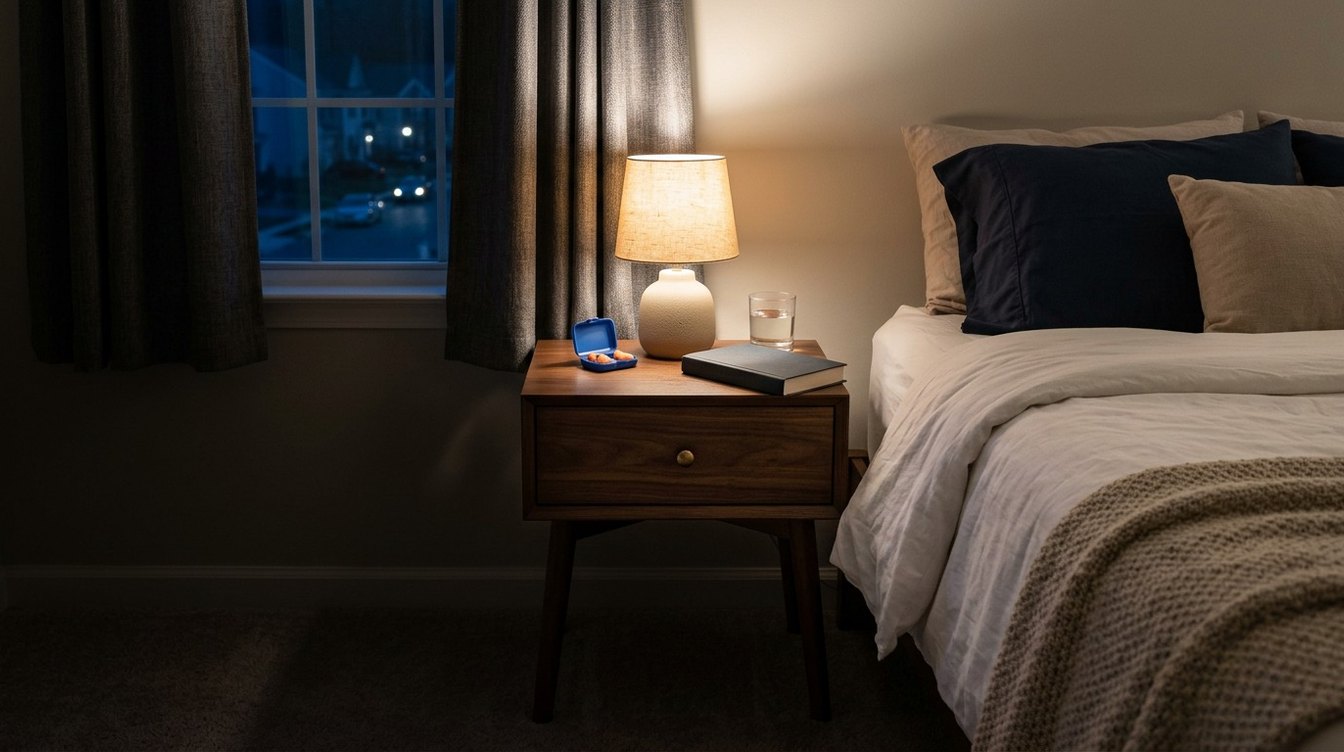 A dim bedroom at night with a lamp on the nightstand, a small open case of foam earplugs beside a book and a glass of water, and a quiet street outside the window