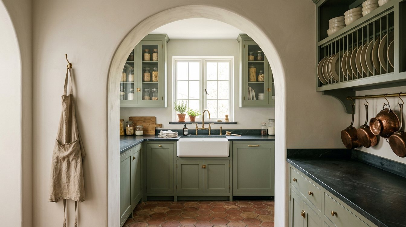A view through a tall plaster archway into a scullery with sage green cabinets, glass-front uppers full of jars, a dark soapstone counter, a white farmhouse sink under a window, copper pans on a rail and a plate rack, on terracotta tile floors