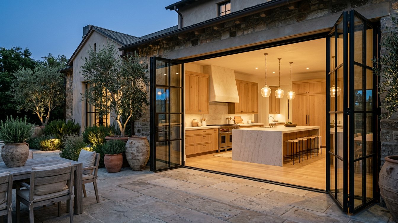 A glowing white oak kitchen seen at blue hour from a stone terrace through open black steel folding doors, with olive trees in big clay pots and an outdoor dining table in front
