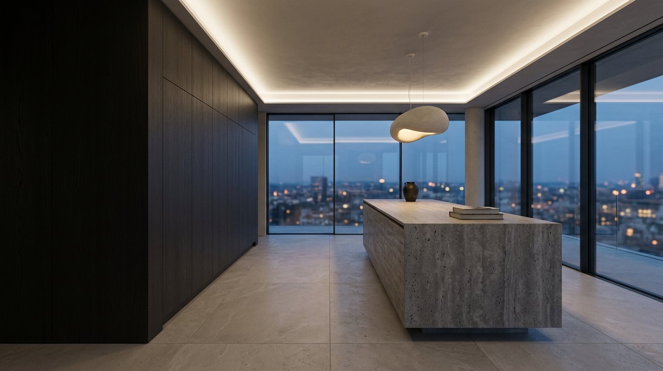 A minimalist penthouse kitchen at night where the cabinets disappear into one wall of dark wood panels, with a long travertine island, a sculptural pendant, cove lighting and floor-to-ceiling windows over the city lights