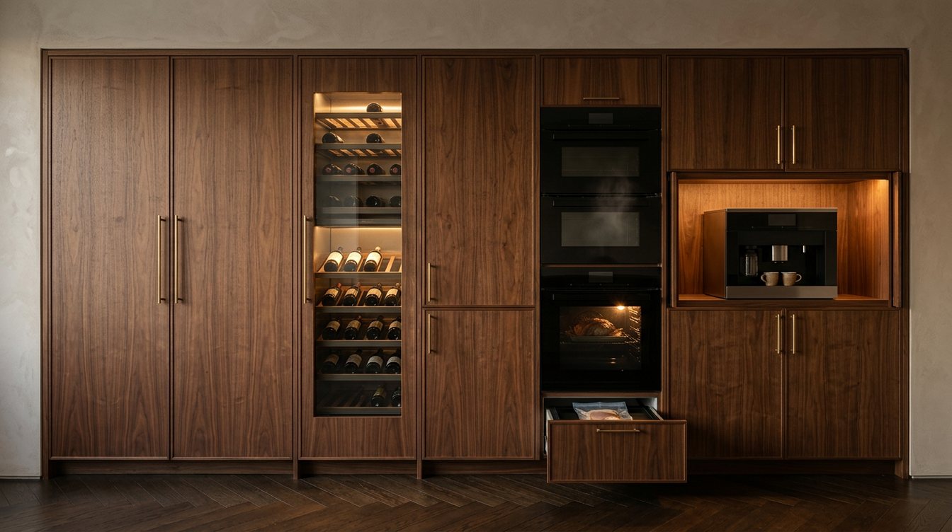 AI concept image of a walnut appliance wall: panel-ready refrigerator and freezer columns, a lit glass wine column, a black oven tower with a speed oven, a steam oven and a wall oven with a roast inside, a vacuum-sealing drawer open below it with a sealed pouch, and an espresso machine in a lit walnut niche