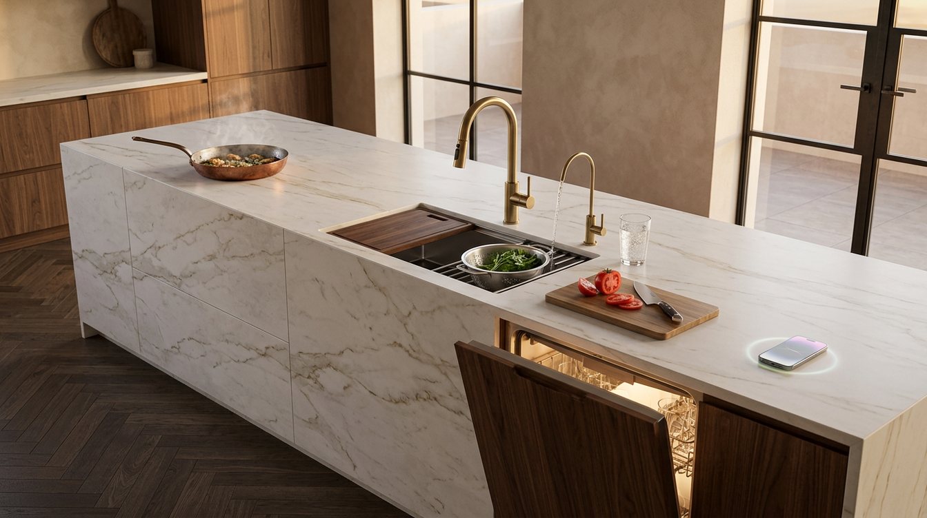 AI concept image of a quartzite island: a copper pan sizzling on the bare stone, a stainless workstation sink with a walnut board and a colander on its rails, a brass pull-down faucet, a slim brass tap pouring sparkling water into a glass, a walnut-paneled dishwasher open below, a knife and sliced tomato on a board, and a phone charging on the stone