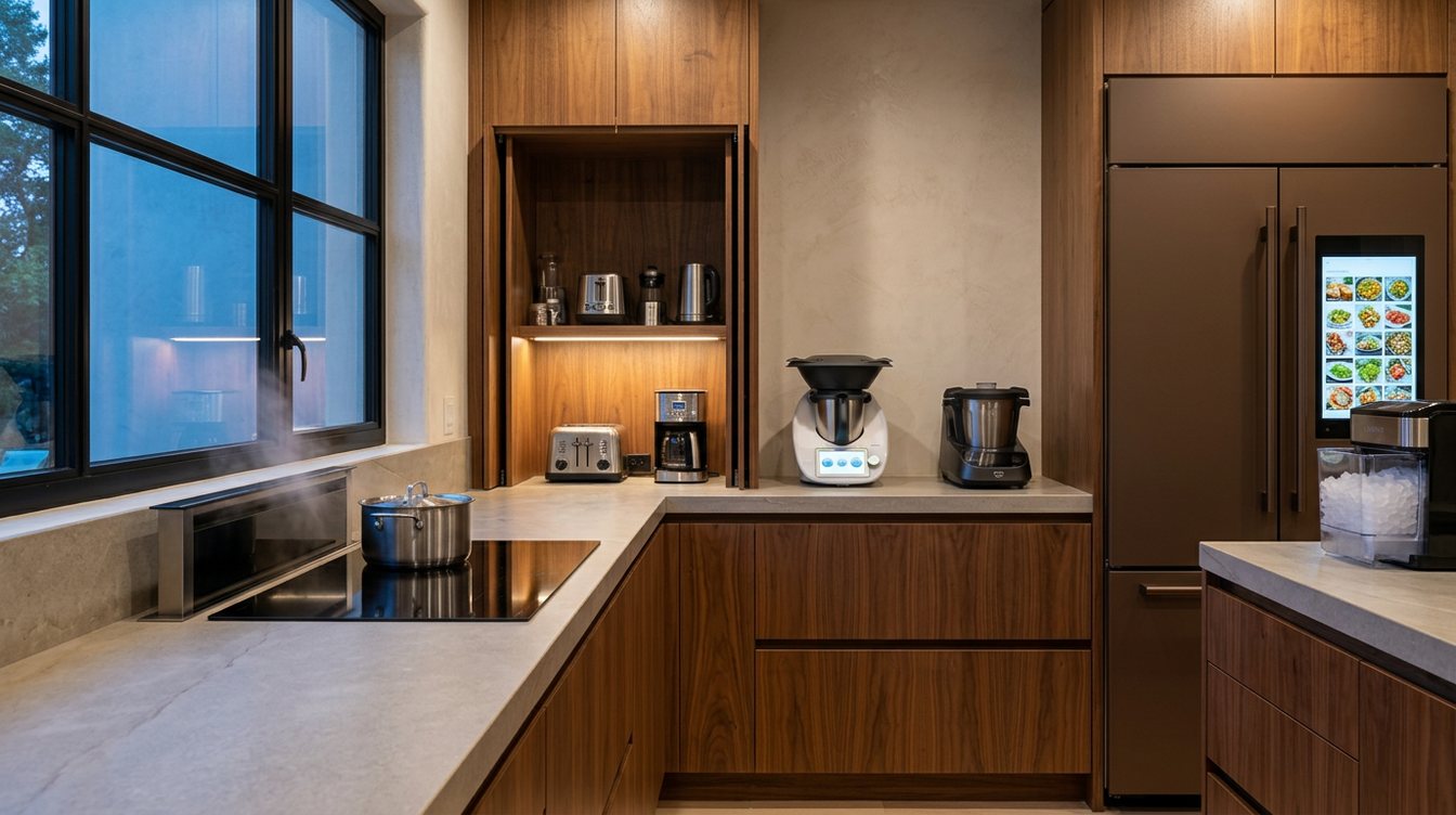 AI concept image of a cooking wall: a black induction cooktop with a raised vent bar pulling steam down under a dusk window, an appliance garage with its walnut doors open on small appliances, a white cooking robot and a second robot cooker on the counter, a tall dark refrigerator with a screen of food photos, and a nugget ice maker