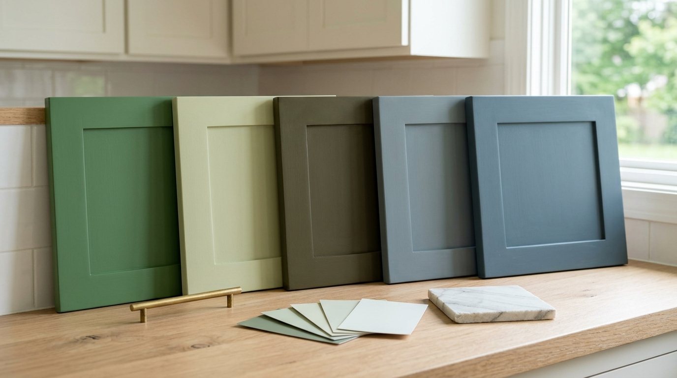 Concept image: painted Shaker cabinet door samples in green, olive and smoky blue, with paint chips and a brass pull, laid on a white oak counter in daylight