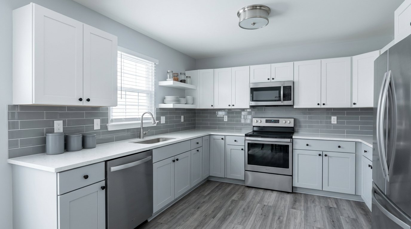 Concept image: a dated 2015-style kitchen with white and gray cabinets, gray subway tile, gray plank floors, open shelves, matte black knobs and an over-the-range microwave