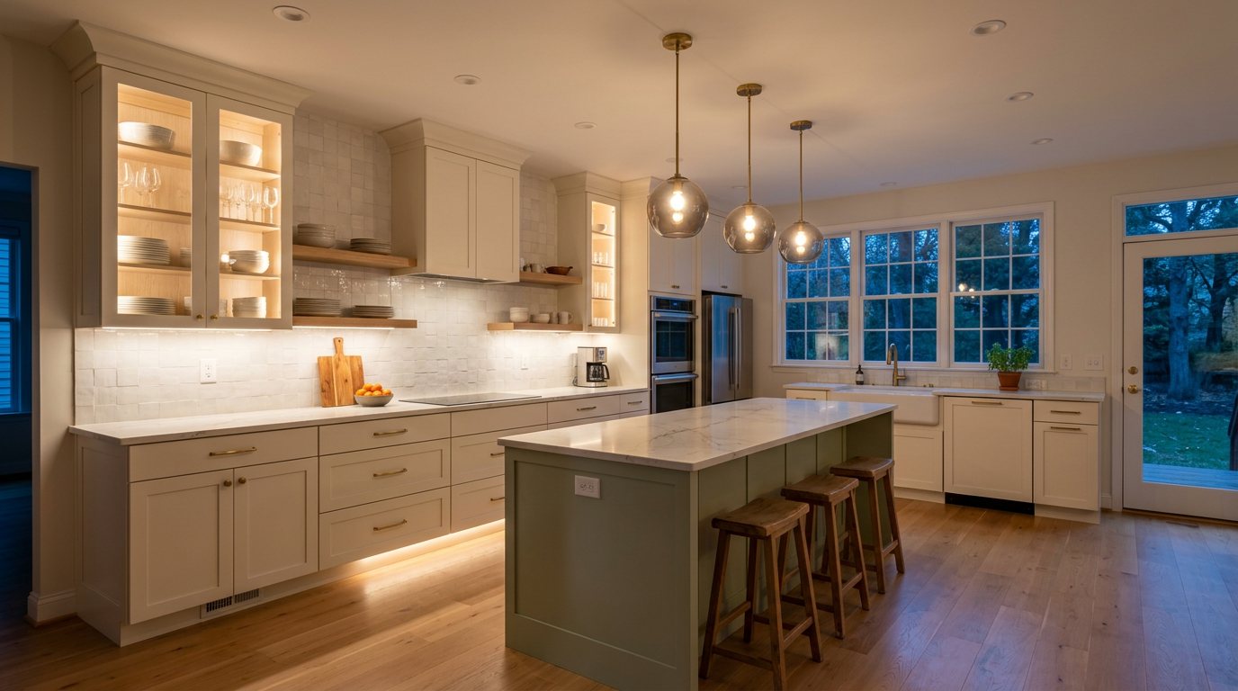 Concept image: a kitchen at dusk lit in layers, with under-cabinet LEDs on the counter, lights inside glass-front cabinets and warm pendants over the island