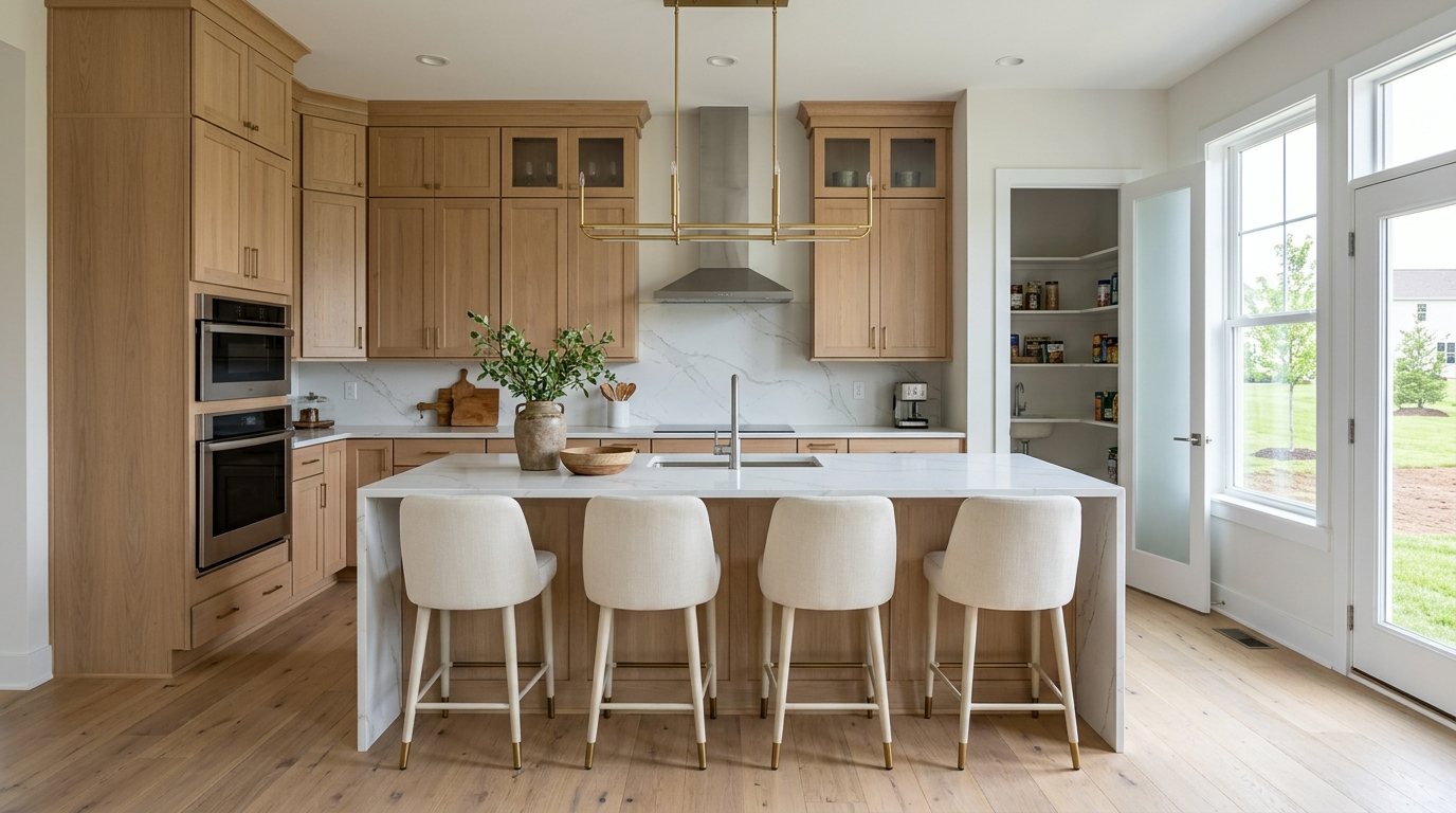 Concept image: a new-construction Northern Virginia kitchen with a waterfall quartz island, an induction cooktop under a chimney hood and an open door to a prep pantry