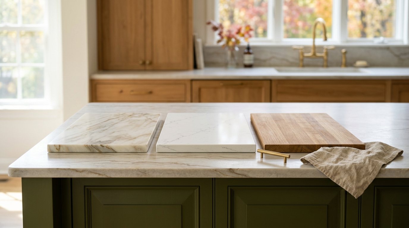 Concept image: countertop samples of veined quartzite, white quartz and butcher block side by side on a kitchen island, with a faucet and window light behind