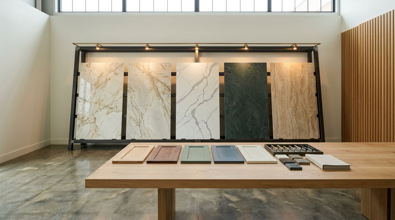 Concept image: a stone and cabinet showroom with standing quartzite and quartz slabs, cabinet door samples in wood, green and blue, and brass and nickel hardware on a table