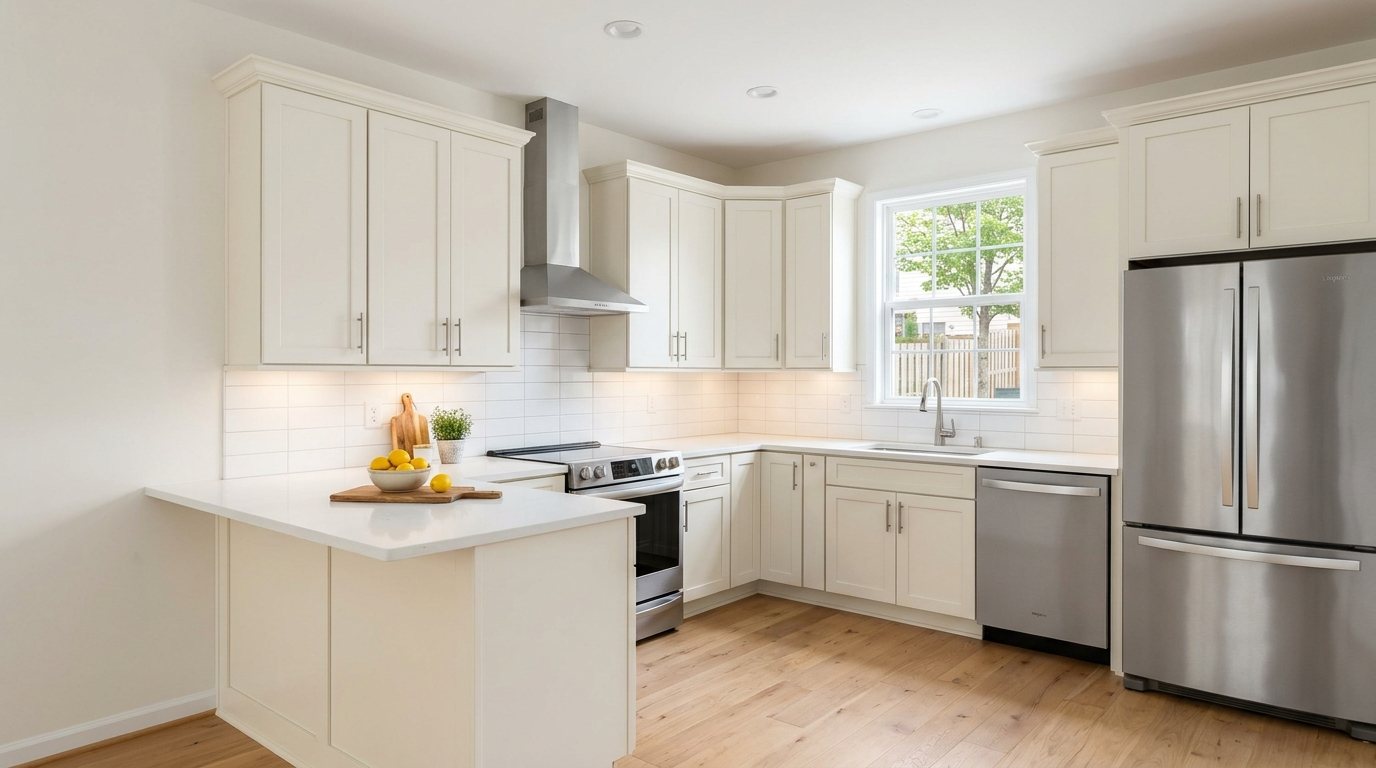 Concept image: an updated Northern Virginia townhouse kitchen with warm white Shaker cabinets, white quartz counters, white tile, brushed nickel pulls and a matching stainless set