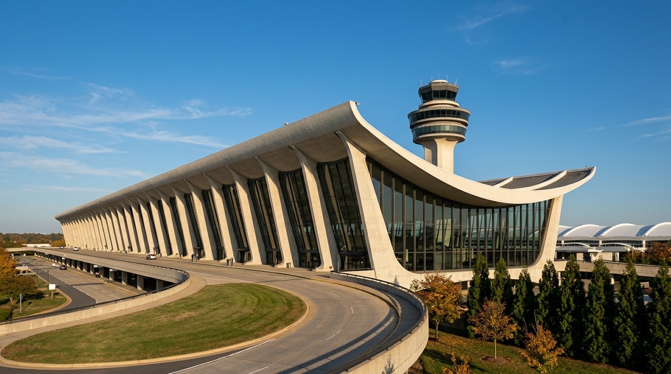 The long main terminal of Dulles Airport with its tilted concrete piers and curved hanging roof, the pagoda-topped original control tower behind it, under a clear fall sky