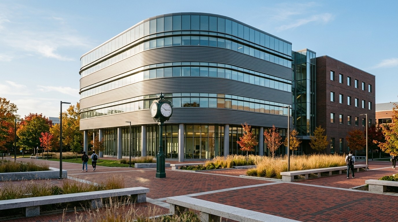 The rounded glass-and-metal corner of Horizon Hall at George Mason University with a green post clock on the brick plaza in front and young trees in fall color