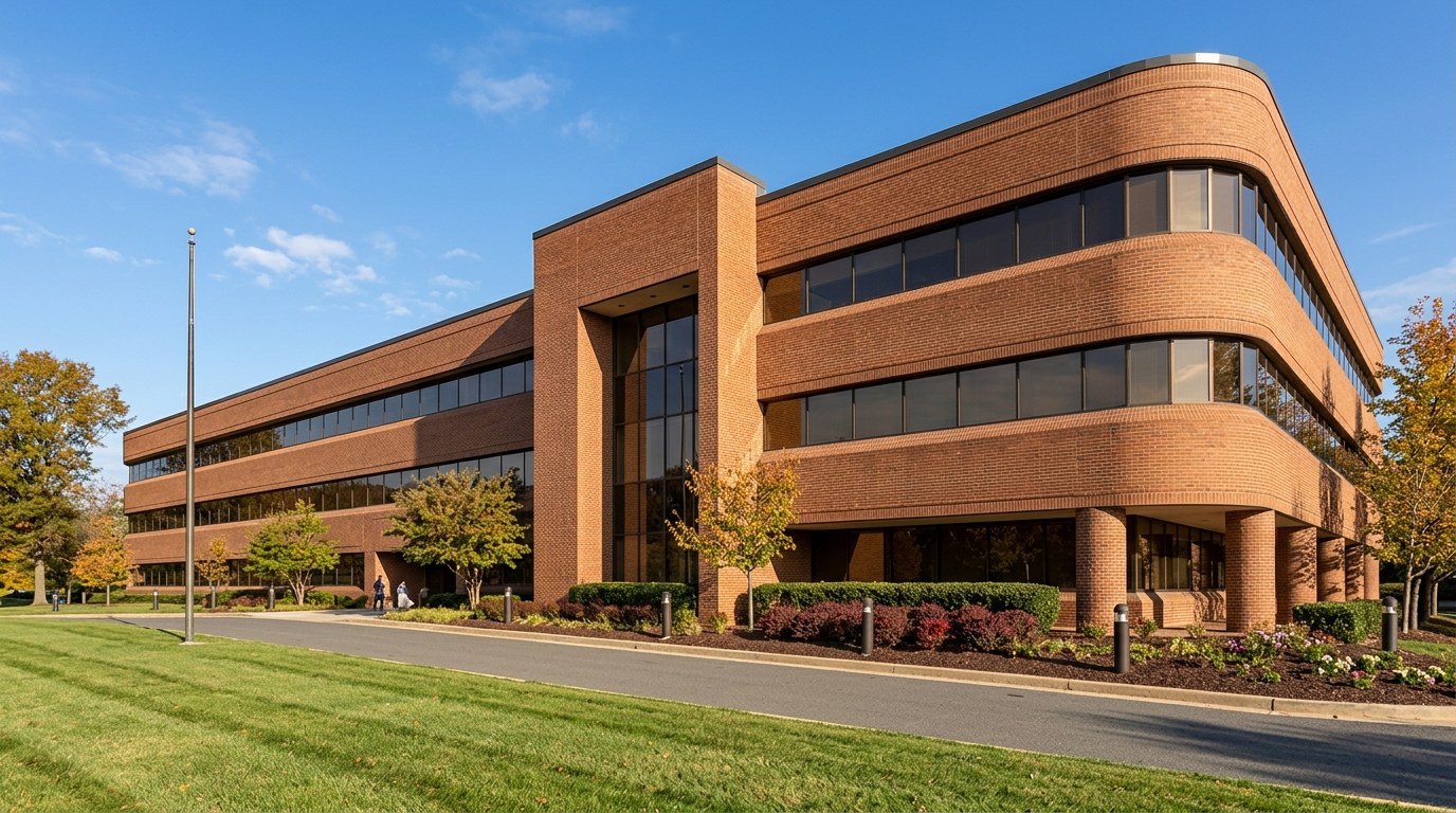 The three-story reddish-brown brick headquarters of Navy Federal Credit Union in Vienna, with ribbon windows and a rounded corner on round brick columns, behind young trees in fall color