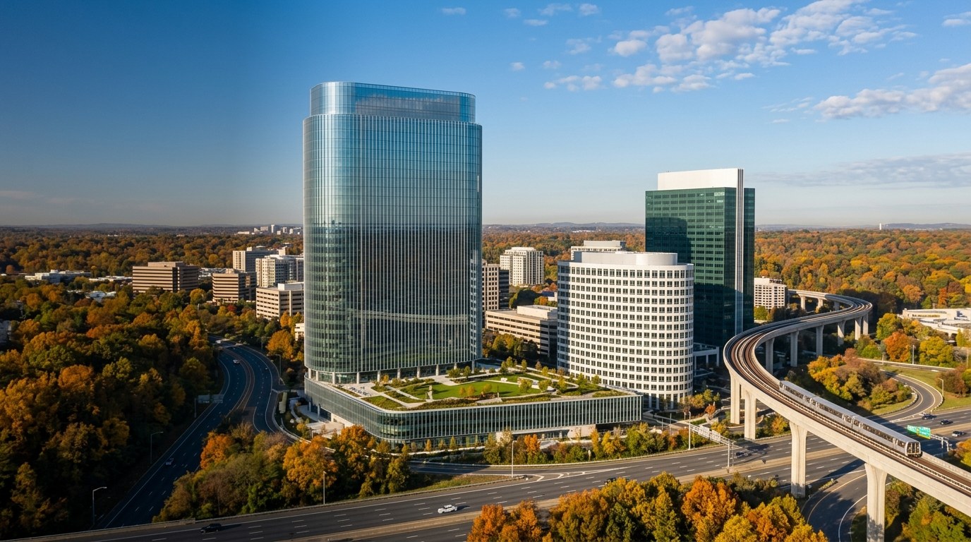 Capital One's glass headquarters tower and neighboring office buildings in Tysons on a clear fall morning, with the elevated Silver Line curving past and the Capital Beltway below