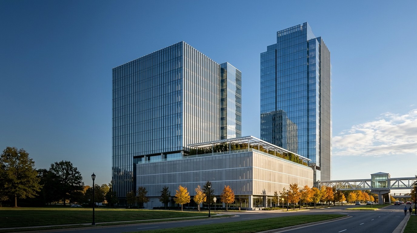 Two blue glass office towers at Reston Gateway beside the Reston Town Center Metro station on a sunny fall afternoon, with a pedestrian bridge to the station in the distance