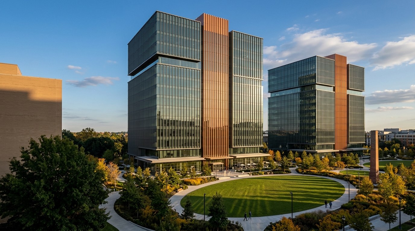 The two copper-and-glass Amazon HQ2 office towers rising behind the oval lawn and winding paths of Metropolitan Park in Arlington on a sunny fall afternoon