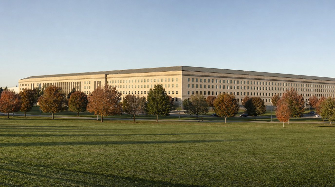 Aerial view of the five-sided Pentagon with its central courtyard and lawns on a clear fall morning, the Air Force Memorial spires on the ridge behind
