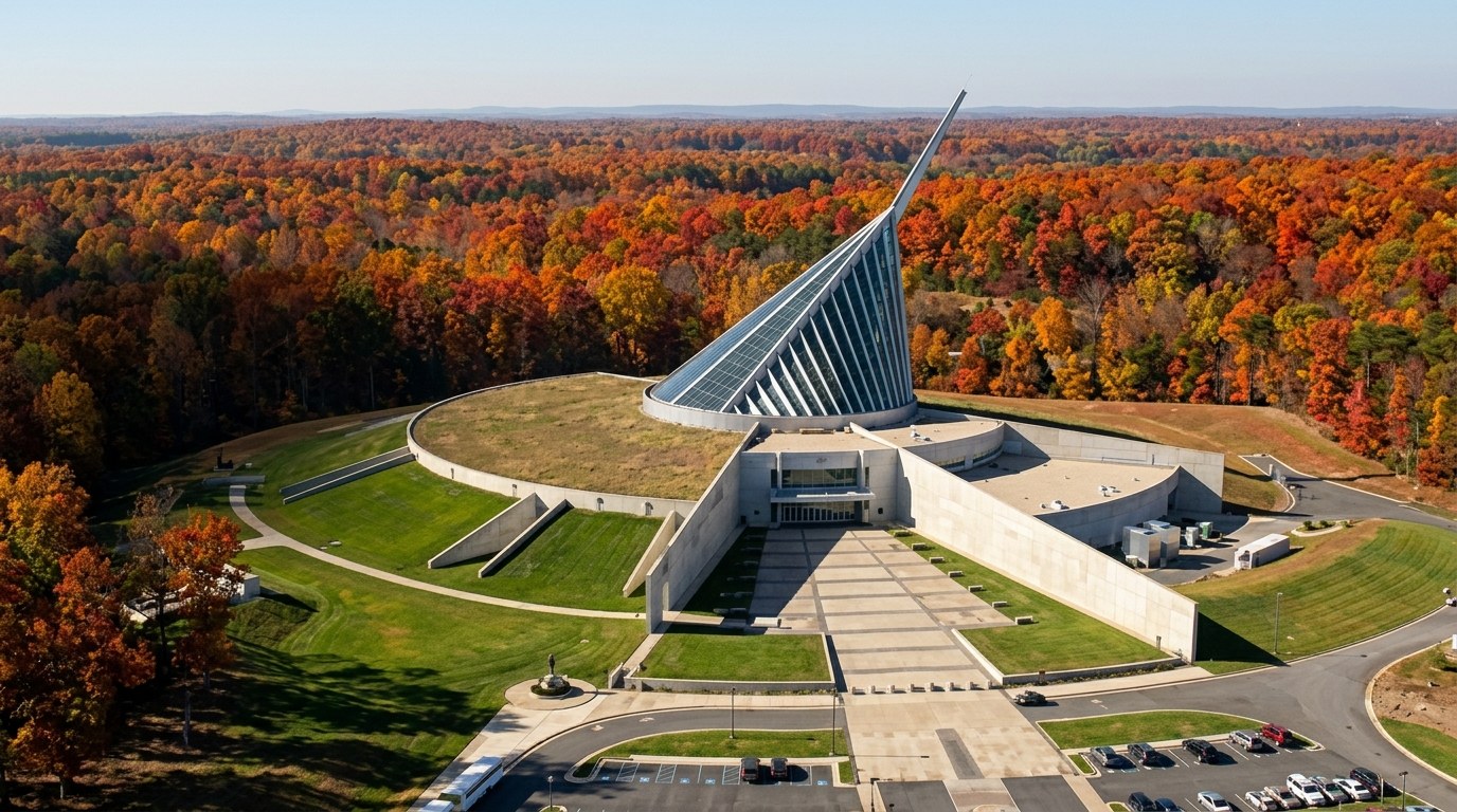 Aerial view of the National Museum of the Marine Corps, its tilted glass atrium and steel mast rising from a round grass-roofed building, surrounded by forest in full fall color