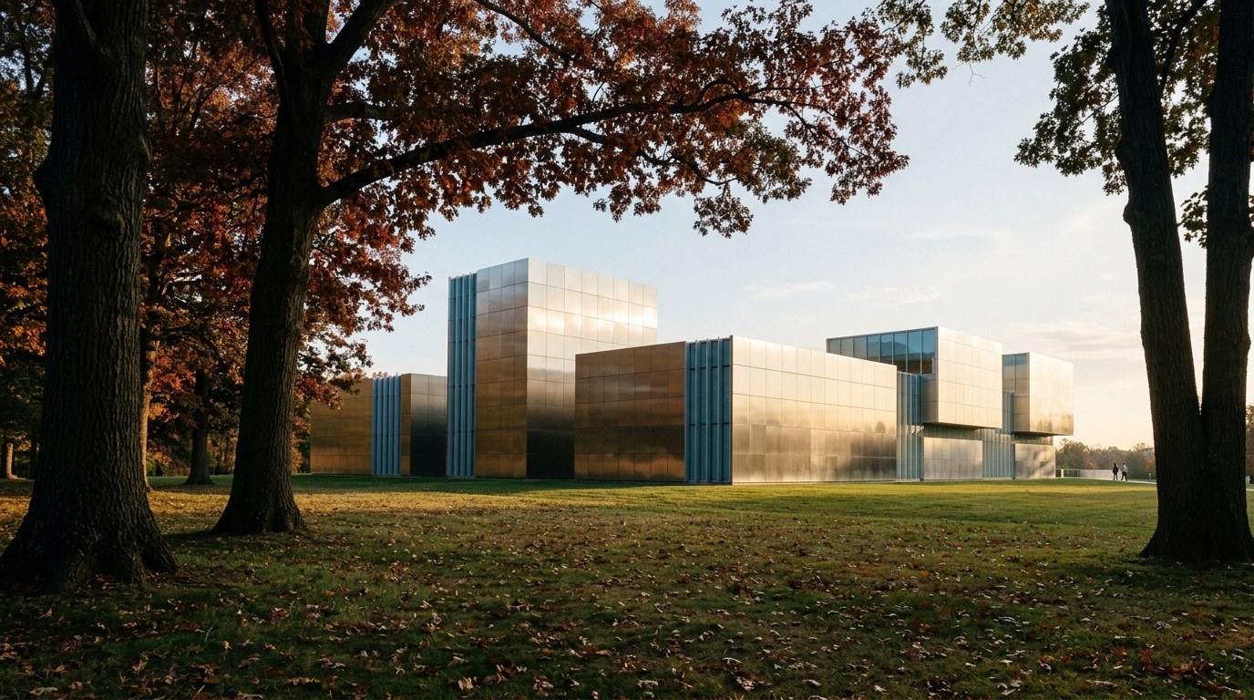 The long stainless-steel pavilions of the National Museum of the United States Army glowing in low autumn sun behind old oak trees on a lawn at Fort Belvoir