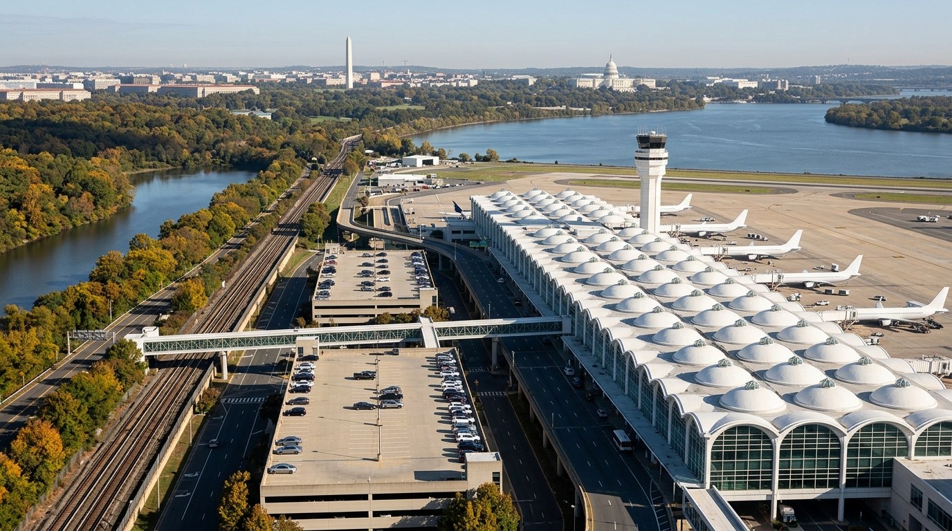Elevated view of Reagan National Airport's Terminal 2, a long row of white domes beside the control tower, with the Potomac River and the Washington Monument and Capitol on the horizon on a clear fall morning