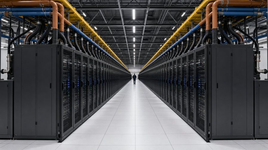 A long aisle between black server cabinets with copper and blue cooling pipes overhead