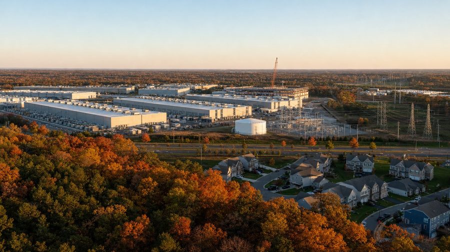 Aerial view of long data center halls, a substation and a neighborhood among fall trees in the Ashburn area