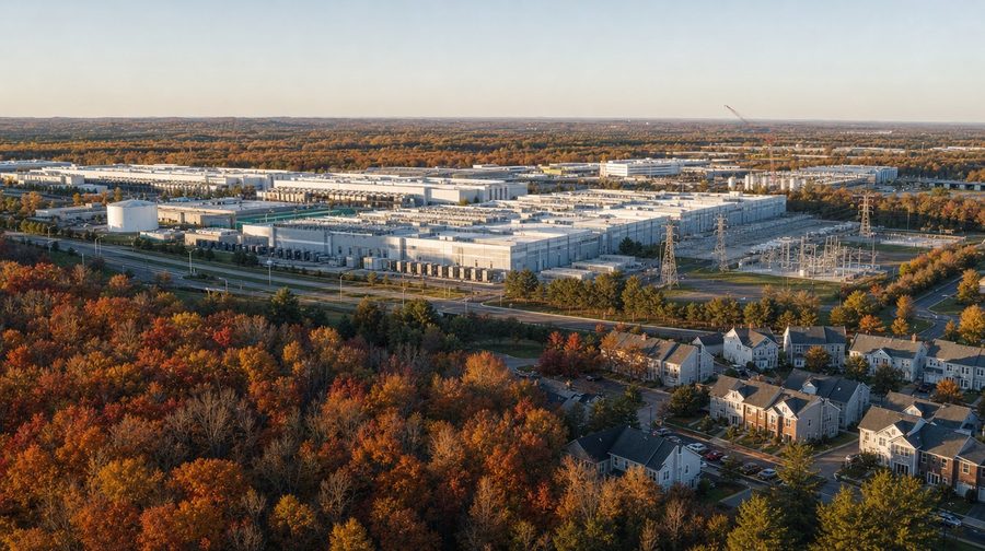 Fall trees, townhomes and data center halls under a clear evening sky