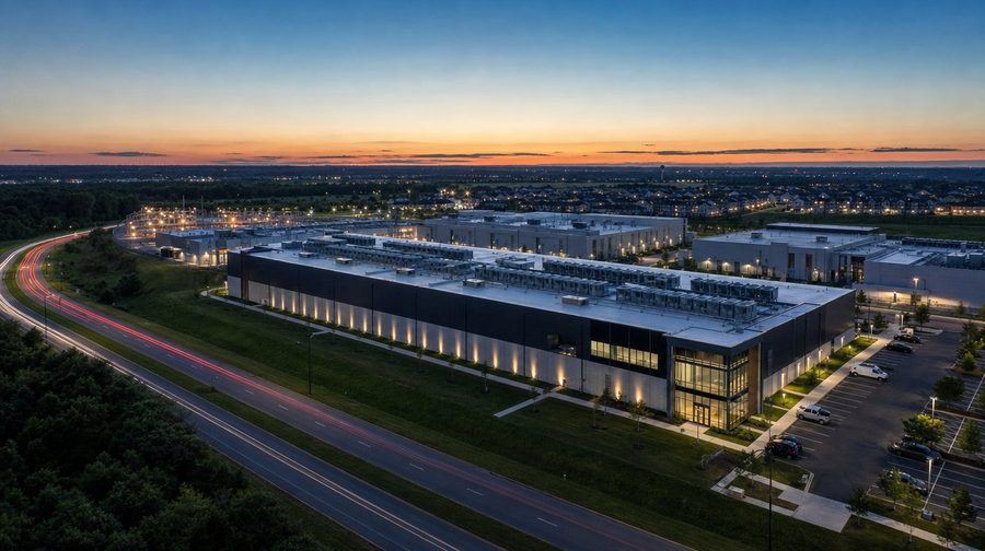A data center campus lit up after sunset beside a curving road