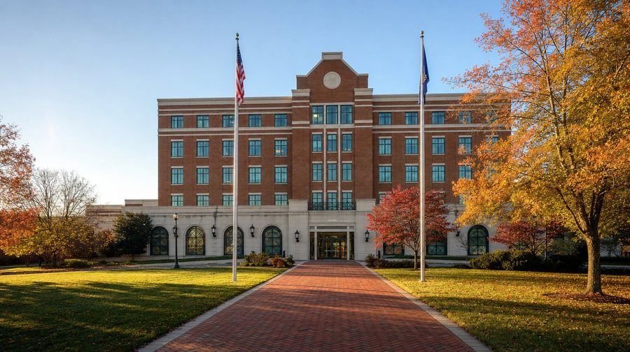 A red brick and limestone government building with flags and a brick walkway in fall