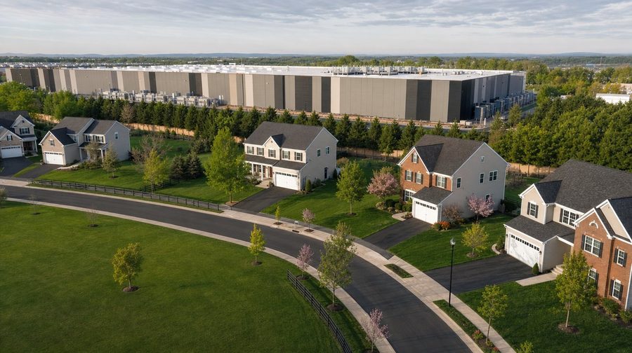 Two-story homes on a curving street with a long data center building behind a strip of trees
