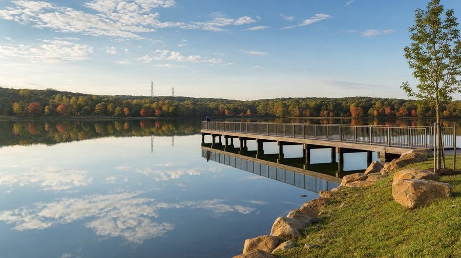 A wooden pier on a calm reservoir reflecting clouds and fall trees