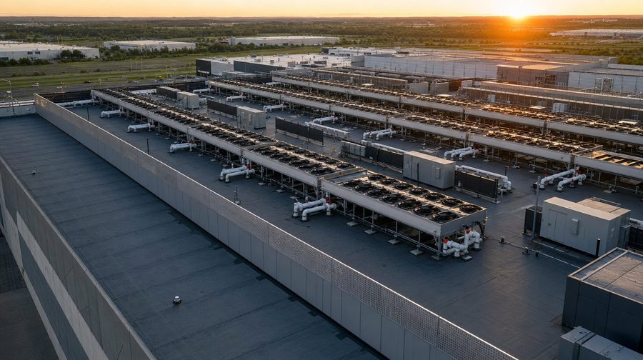 Rows of cooling units and fans on a flat data center roof at sunset