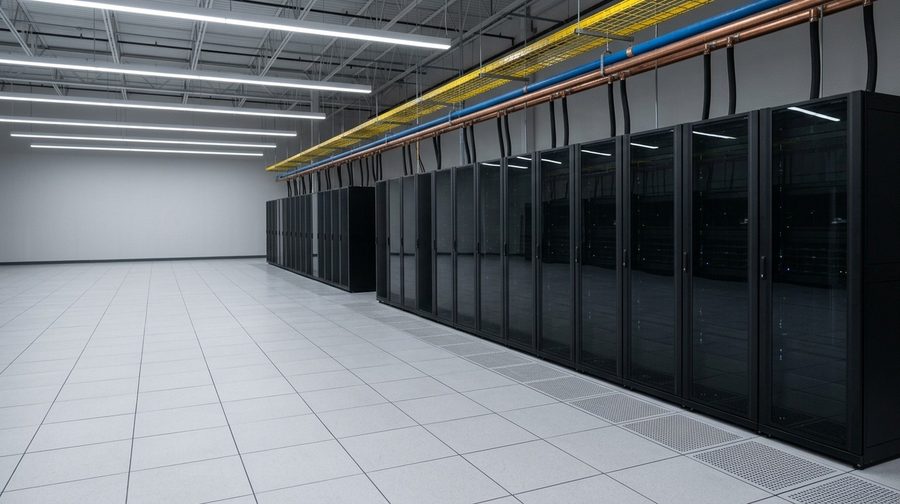 Rows of black server cabinets on a white raised floor under bright lights