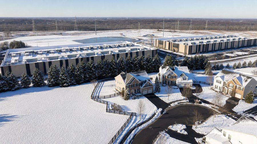 Snow-covered homes on a cul-de-sac with large data center halls behind a row of evergreens