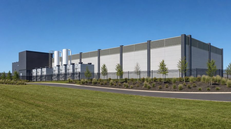 A long pale data center behind a black fence and young trees on a sunny day