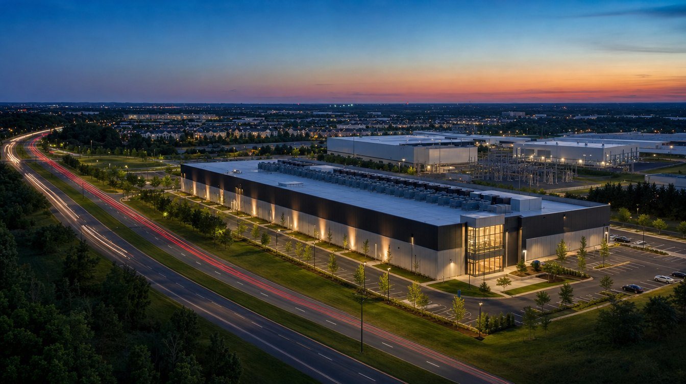 A long gray data center campus beside a curving road at dusk, its walls lit and car lights streaking past