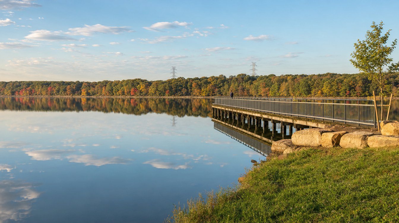 A wooden fishing pier and the fall tree line mirrored in the still water of Beaverdam Reservoir