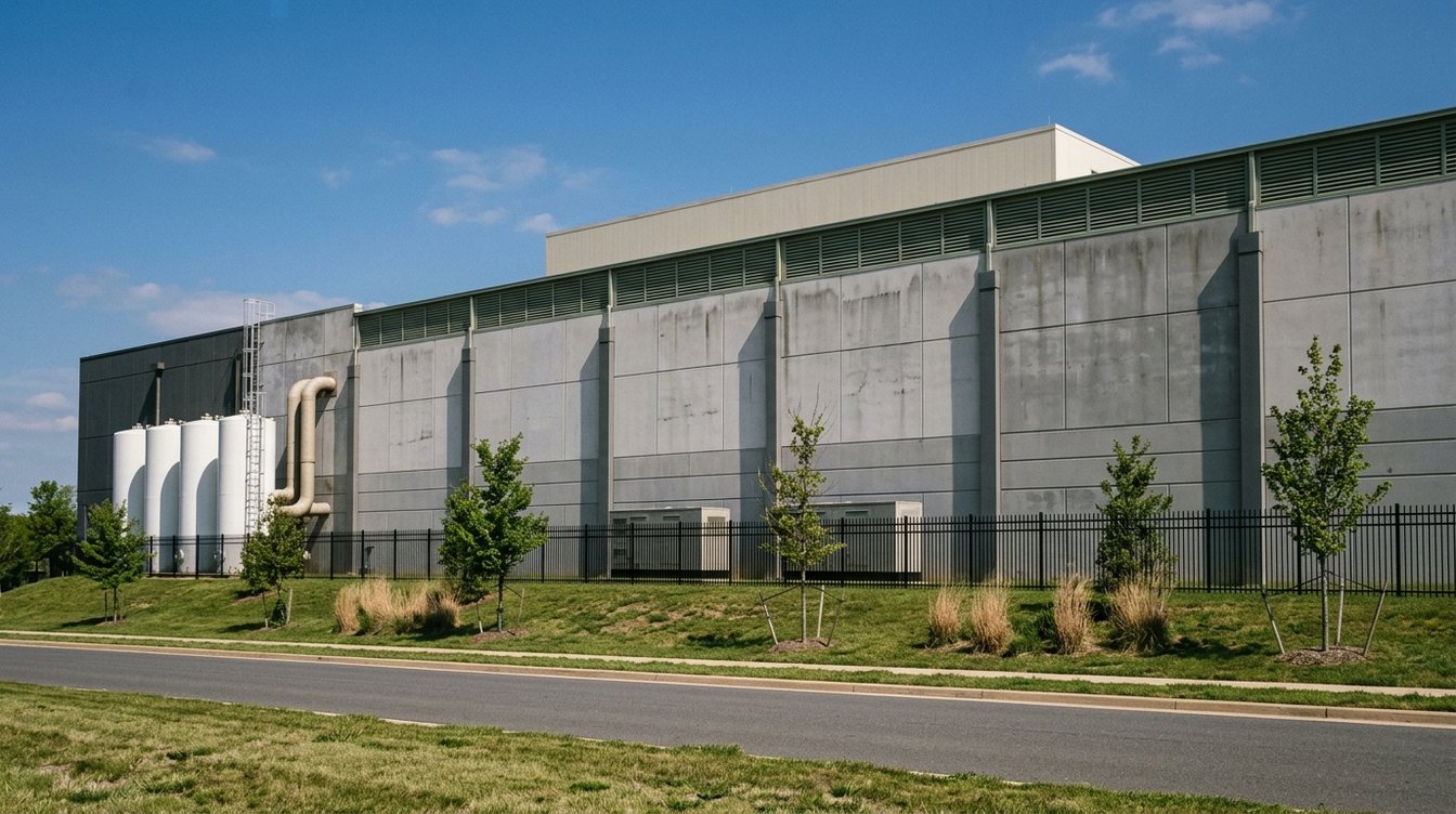 A windowless gray concrete data center behind a black fence and young trees, seen from the road on a sunny day
