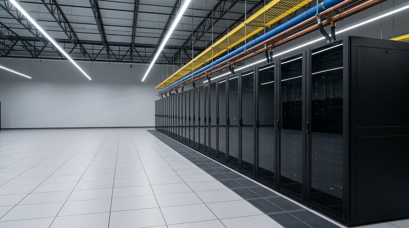 A bright data hall with a long row of black server cabinets and blue and copper cooling pipes overhead