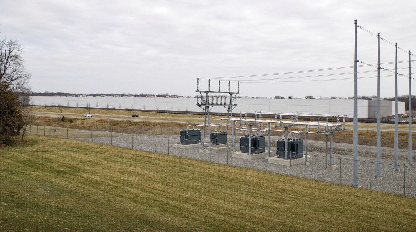 An electric substation with transformers inside a fence, next to a long white data center hall, seen from above