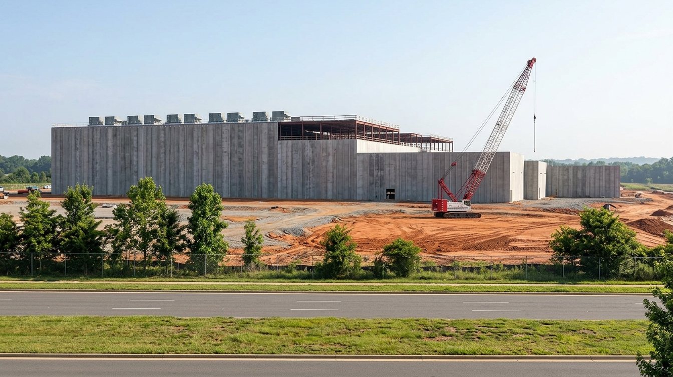 A tall concrete data center shell under construction with a red crawler crane on bare orange soil