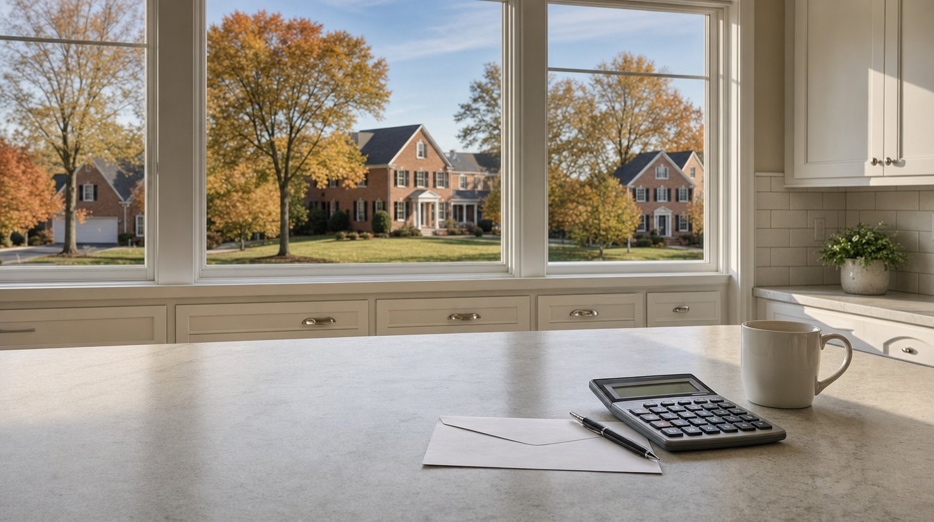 An envelope, a pen, a calculator and a mug on a kitchen counter by windows onto colonials in fall
