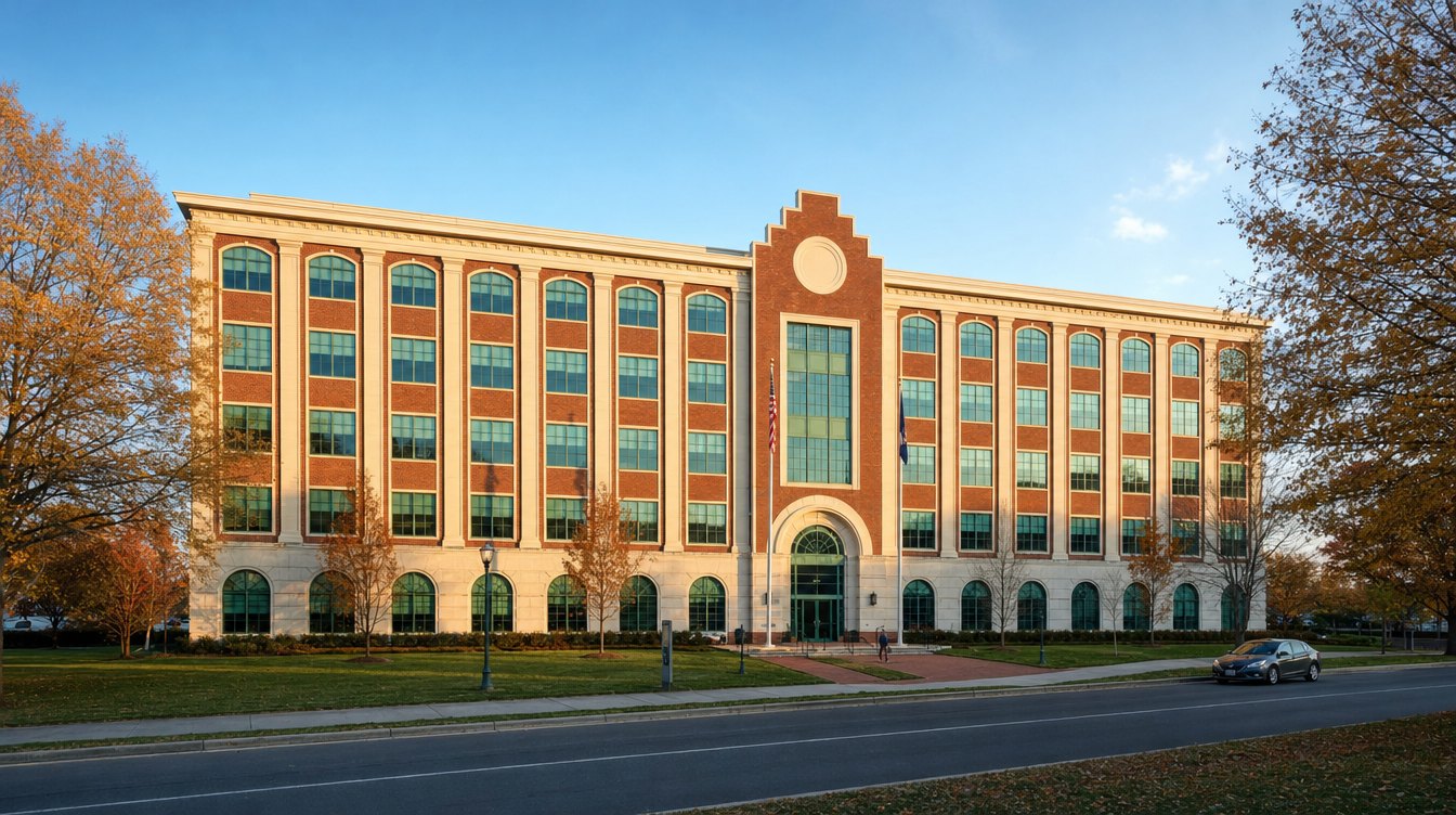 A brick and stone county government building with tall arched windows and flags, across a lawn in fall